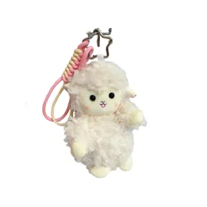 Portachiavi in peluche di pecora soffice e carino con cordino intrecciato rosa e moschettone stella.