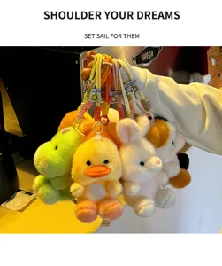 Cute palm-sized plush animal toy keychains, soft duck, rabbit and bear bag pendants.