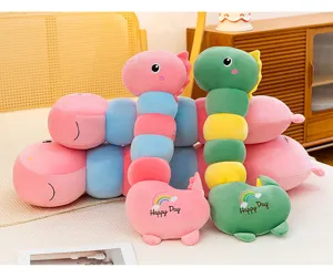 Cute long caterpillar dinosaur plush body pillow, soft stuffed animal doll for sleeping girls.
