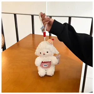 Cute plush sheep keychain plushie toy with striped apron and hanging strap for bags
