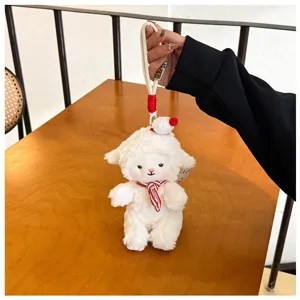 Cute white plush sheep keychain fluffy animal doll pendant with red striped scarf bag charm