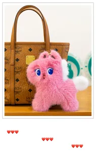 Cute pink plush pony plushie keychain with sound, soft stuffed bag pendant for girls and kids.