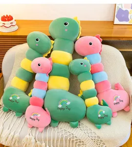 Cute long dinosaur caterpillar plush pillow, colorful segmented sleeping doll for kids.