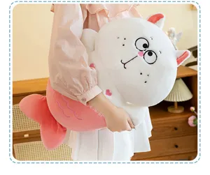 Cute cat mermaid plush toy pillow detail, soft cuddly long doll for kids bedroom bed decor.