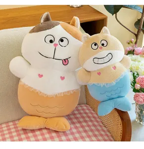 Creative cat mermaid plush toy detail view, soft stuffed cushion pillow for room decor.
