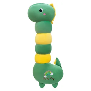 Cute long dinosaur plush pillow, green and yellow soft stuffed animal body, great for sleeping.