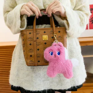 Cute pink plush pony bag charm pendant with big blue eyes and soft fur, perfect for handbags.