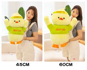 Cute cheer duck plush toy with green clothes and headband, soft stuffed doll in 45cm and 60cm sizes.