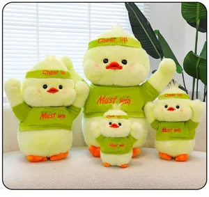 Cute cheering duck plush toy set, soft stuffed doll with removable green shirt and headband.