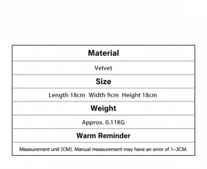 Tabla de detalles de especificacion del colgante de peluche con tamano y peso exactos info.