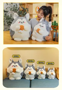 Cute fluffy husky plush toy holding chicken leg, soft stuffed animal doll for kids gift.