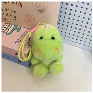 Fluffy green dinosaur plush keychain, cute stuffed animal bag charm pendant for daily decoration.