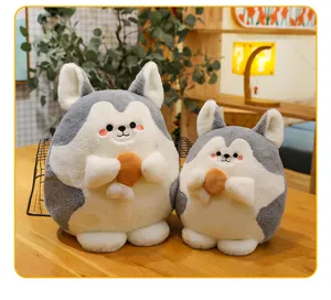 Cute chubby husky plush toy holding a chicken leg, soft stuffed animal doll for kids gift.