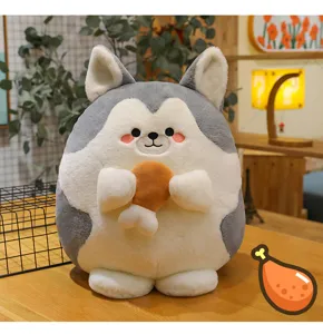 Cute husky plush toy holding a chicken leg, soft stuffed doll for kids and home decor detail.