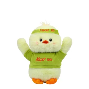 Cute cheering duck plush toy with green removable headband and t-shirt, soft stuffed doll.