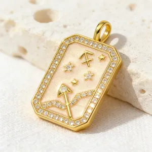 Sagittarius zodiac tarot pendant detail shot, gold plated copper with micro-pave cubic zirconia.