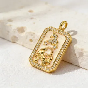 Gold-plated zodiac Pisces tarot pendant with sparkling cubic zirconia, stylish copper jewelry.