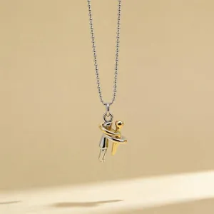 Minimalist two-tone couple hugging pendant necklace, stylish daily clavicle chain for women.