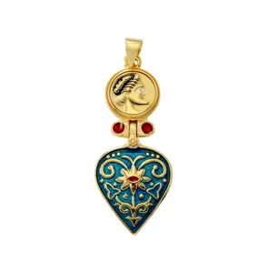 Antiker byzantinischer Stil Münze blaue Emaillierherz Anhänger vergoldete DIY Schmuck.