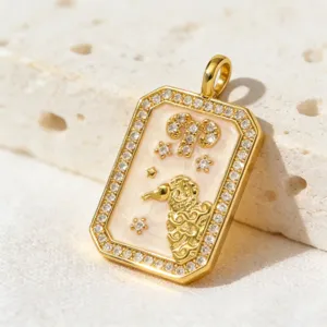 Aries zodiac tarot pendant necklace, copper cubic zirconia gold plated, stylish chic gift.