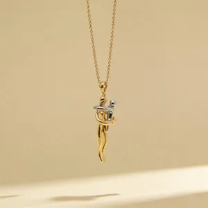 Minimalist two-tone hugging couple pendant necklace, elegant gold and silver clavicle chain.