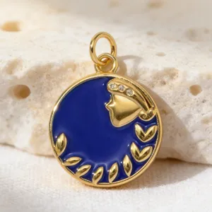 Round enamel zodiac pendant detail, made of copper and cubic zirconia for DIY jewelry.