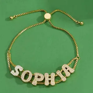 Fashion English Letters Micro Inlaid Rhinestone Pendant DIY Chain Bracelet Copper Jewelry Gift For Women