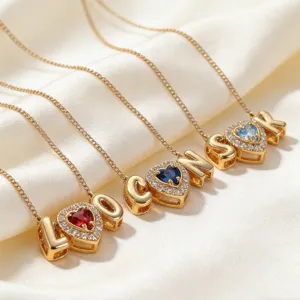 Mode Herz Geburtsstein Und Buchstabe Anhänger Halskette Kupfer Gold Silber Beschichtet Strass Schmuck Geschenk Für Damen