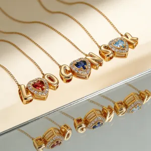 Herz Geburtsstein Initialen Halskette Vergoldet Anhänger Schmuck Geschenk für Damen