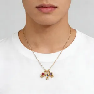 Collar con colgante de familia de niño y niña bañado en oro con circonitas de piedra natal.