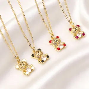 Cute Rhinestone Teddy Bear Pendant Necklace Gold Plated Animal Necklace For Women Fashion Light Luxury Enamel Jewelry Neckband