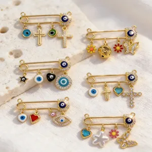 Gold evil eye safety pin pendant charms set, rhinestone cross heart jewelry accessories.