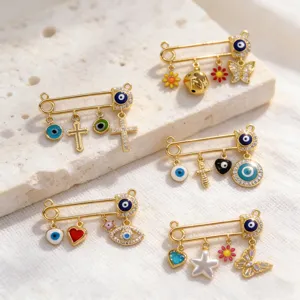 Retro gold evil eye brooch pins set with cross heart butterfly pendants for women fashion