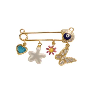 Retro gold evil eye safety pin brooch with cute charms heart butterfly for women fashion jewelry