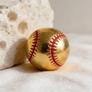 Détail du pendentif de base-ball doré avec coutures rouges texturées et finition.