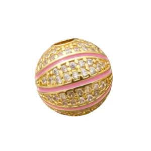 Perle charm basketball plaque or email rose et oxydes de zirconium scintillants pour bijoux.