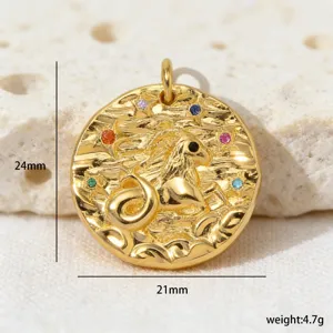 Ciondolo moneta zodiacale dorata con zirconi colorati, accessorio gioiello DIY 24x21mm.