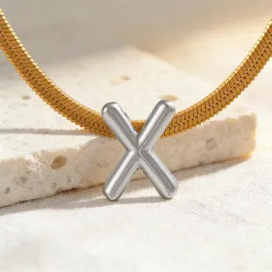 Nahaufnahme einer eleganten Titanstahl Schlangenkette mit silbernem Buchstaben X Anhänger.