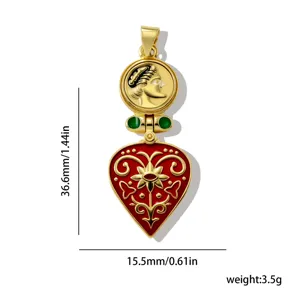 Vergoldeter Münz und roter Herz Emaille Anhänger Halskette Zubehör, 36.6mm Retro Stil Schmuck.