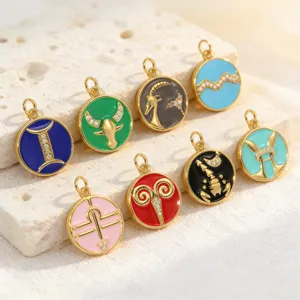 European style drop oil round 12 zodiac pendants copper inlaid zircon DIY charms