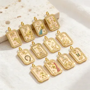 Zodiac Tarot 12 Constellation Copper Zircon Rectangular Pendant DIY Necklace Jewelry Accessories