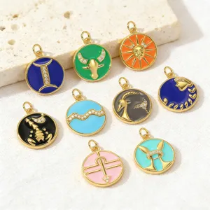 Enamel round zodiac pendant copper with cubic zirconia for DIY necklace bracelet jewelry making
