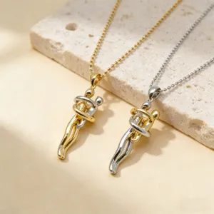 Minimalist two-color embracing couple necklace, stylish gold and silver choker for daily wear.