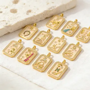 Gold-plated zodiac tarot card pendant charms with cubic zirconia for DIY necklace making