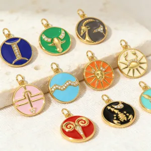 Colorful Enamel Zodiac Round Pendants Copper Zircon DIY Jewelry Necklace Bracelet Charms
