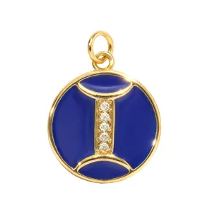 Gemini Zodiac Pendant Blue Enamel Zircon Copper Round Charm for DIY Necklace Bracelet