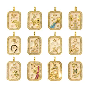 12 Zodiac Signs Copper Zircon Rectangle Necklace Pendants Fashion Jewelry Set Item