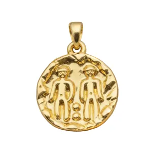 Vintage gold coin relief pendant, stylish Gemini zodiac necklace jewelry accessory.