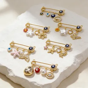 Evil eye charm gold safety pin brooch set, delicate multi-element diy jewelry accessories for women
