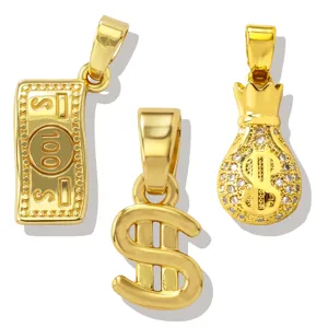 Gold dollar sign money bag pendant set, copper plated DIY necklace bracelet jewelry accessories.